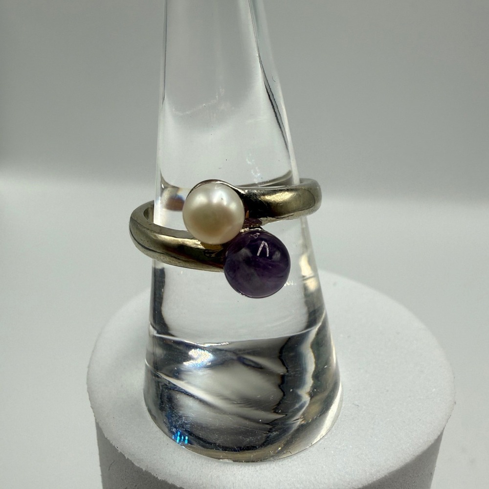 Vintage Bypass Ring White Pearl Purple Amethyst Stone‎ Silver Tone Size 7.5